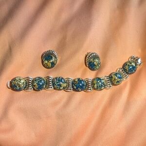Elegant Gold and Blue Bracelet And Clip Earrings